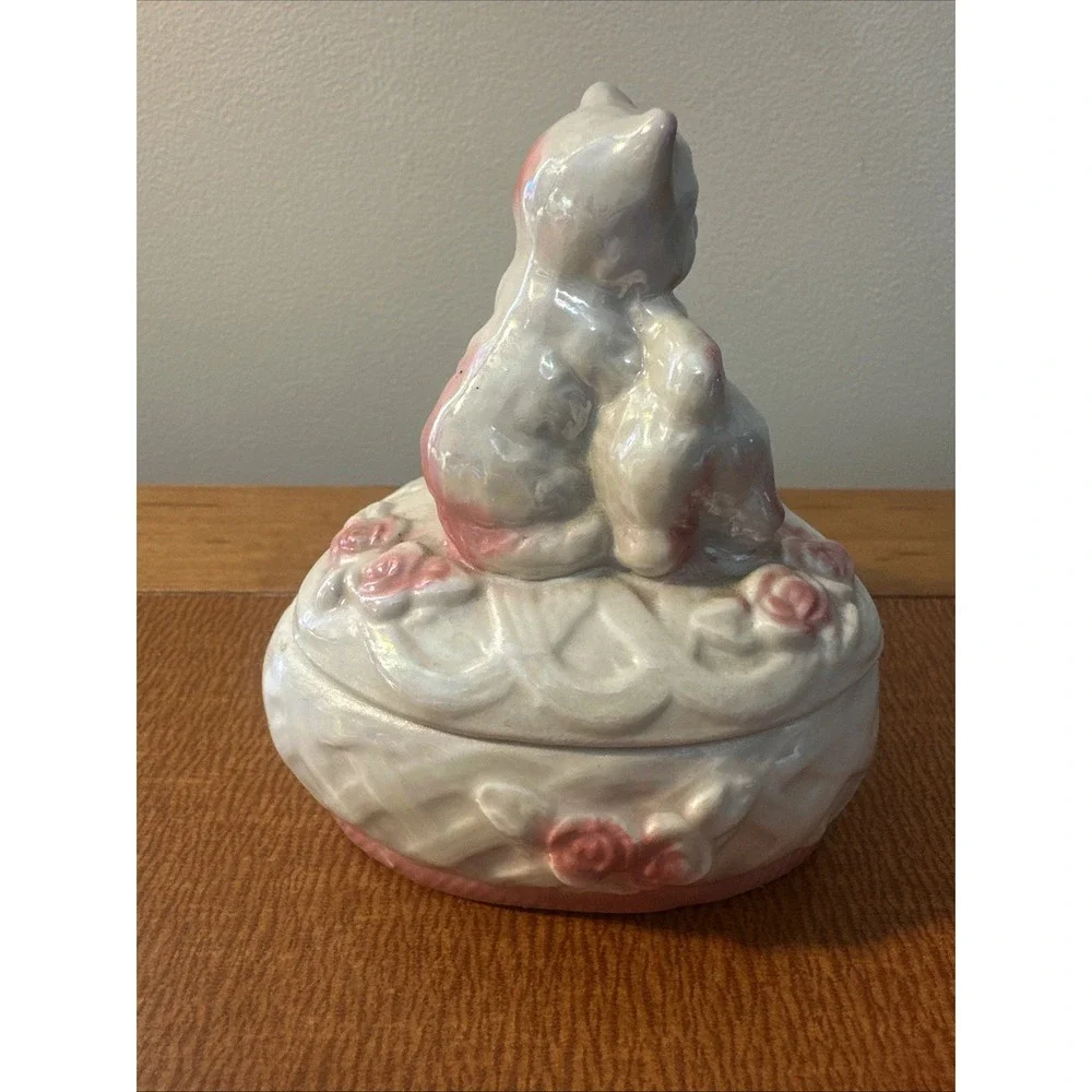 Vtg Lusterware Pink White Cat Kitten Heart Shaped Trinket Vanity Box Valentine's